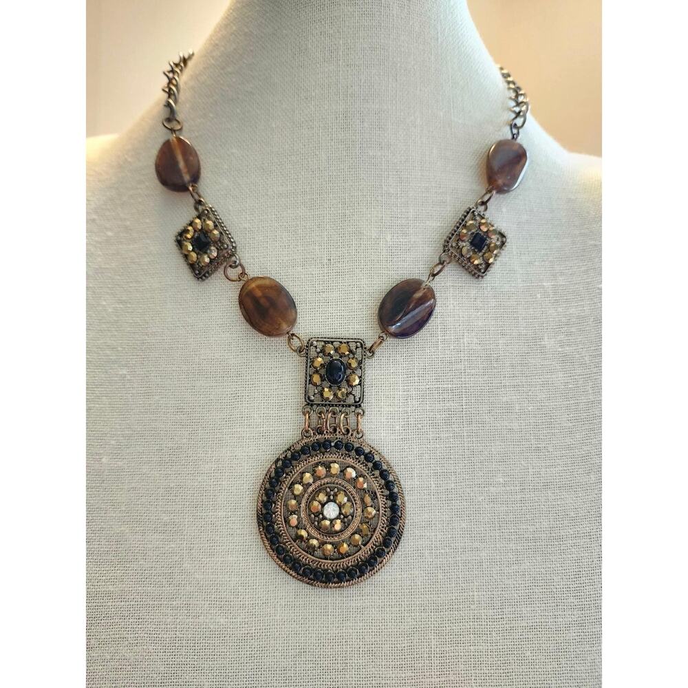 Vintage Antique Brass Medallion Necklace with Geometric Links